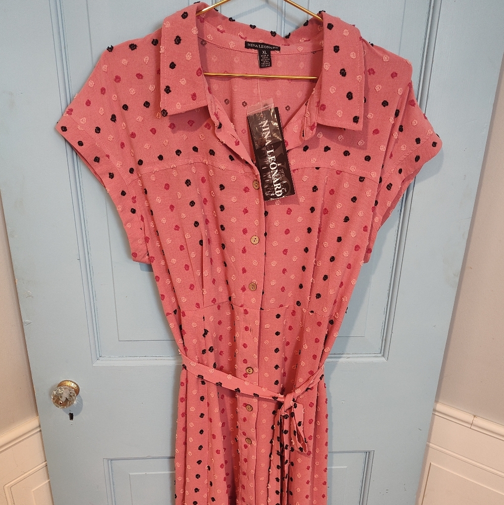 Nina Leonard Buttoned Ruffled Orange Pink Midi Dress